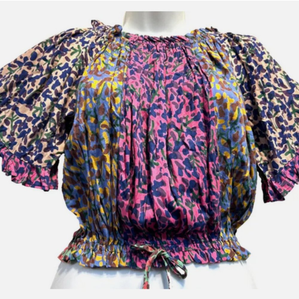 Nwt SACRED THREADS boho hippie specks patch smocked rayon crop TOP L